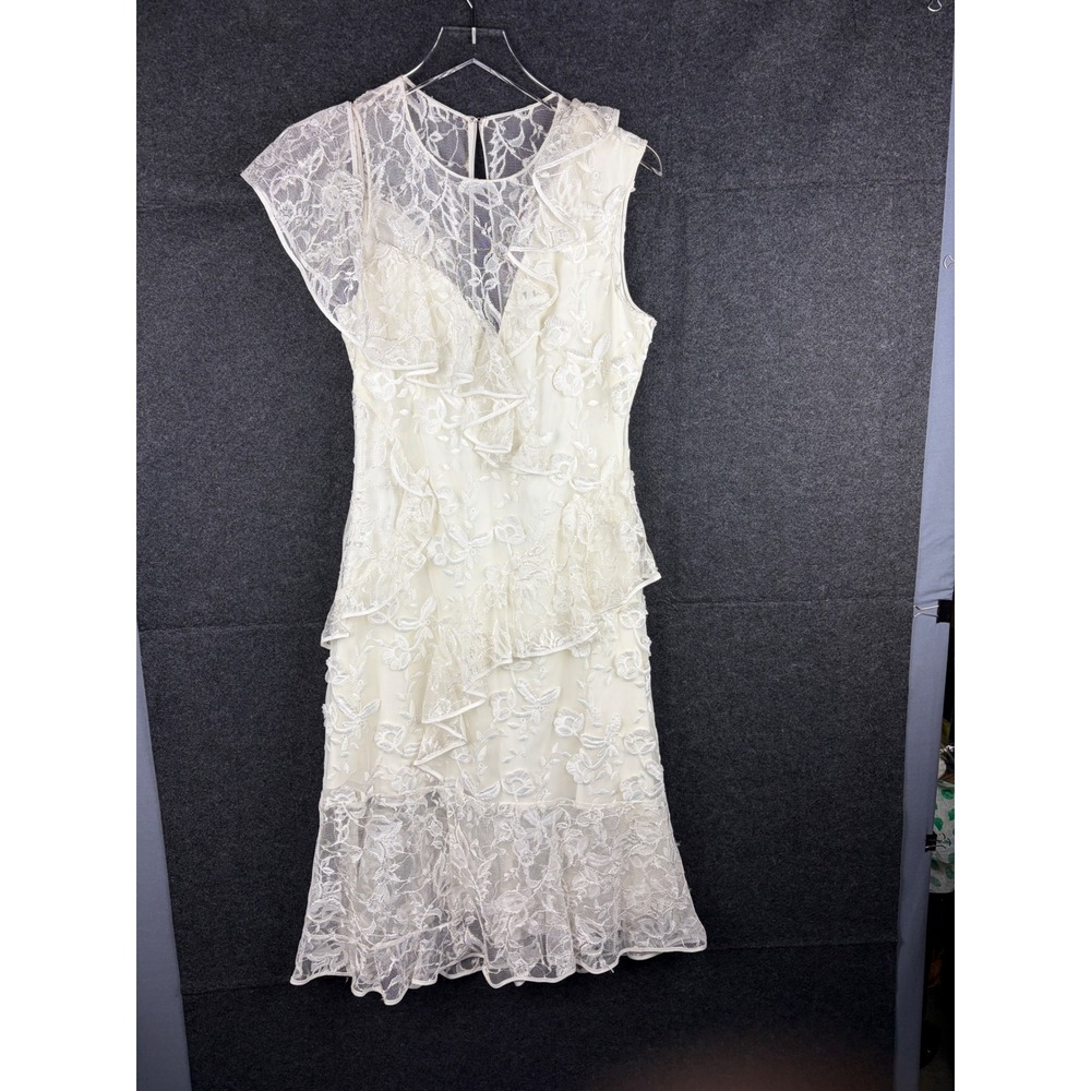Sachin & Babi Pointe Dress Ivory Lace Ruffle Cold Shoulder Midi Women 6 nwt flaw